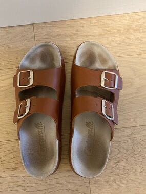 L’ Intervalle Double Buckle Cognac Slide Sandals